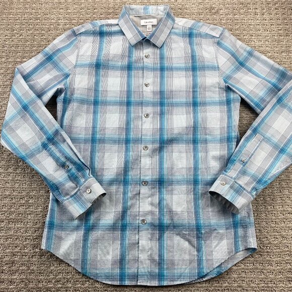 Calvin Klein Infinite Cool Shirt Men Medium M Blue White Plaid Button Up Polo - Picture 1 of 7